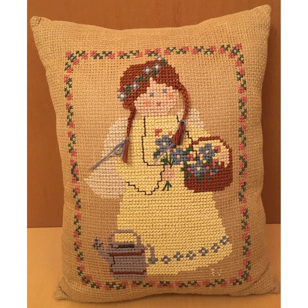 Completed Cross Stitch Pillow Angel Flower  Basket 14x11 Fabric Backing Handmade